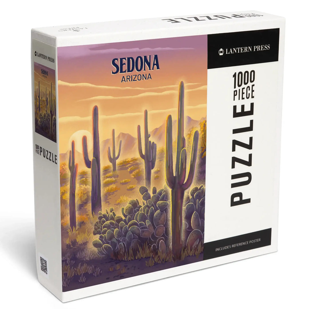 Sedona, Arizona, Lithograph, Cactus and Sunset, Jigsaw Puzzle