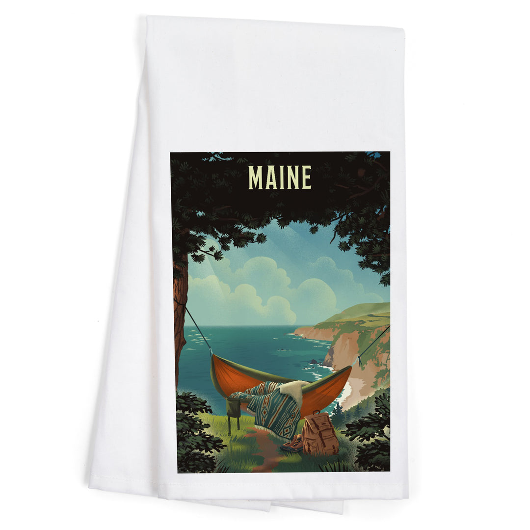 Maine, Today's Office, Coastal Series, Hammock on Beach, Organic Cotton Kitchen Tea Towels