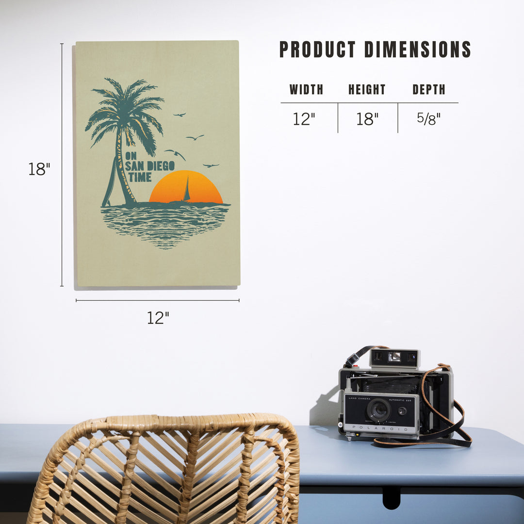 On San Diego Time, Sunset with Palm Tree, Wood Signs and Postcards