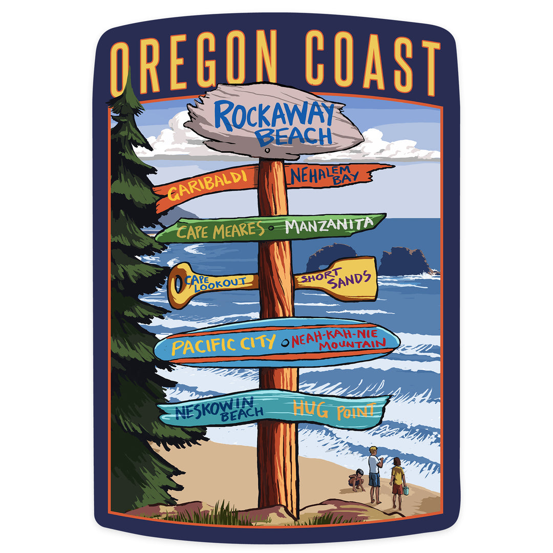 Rockaway Beach, Oregon, Destinations Sign, Contour, Lantern Press Artwork, Vinyl Sticker