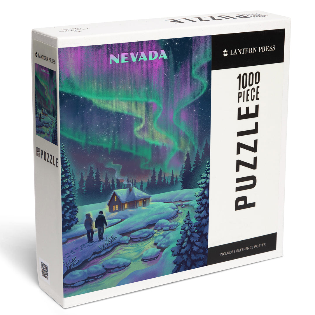 Nevada Lithograph Northern Lights and Cabin, 1000 Piece Jigsaw Puzzle