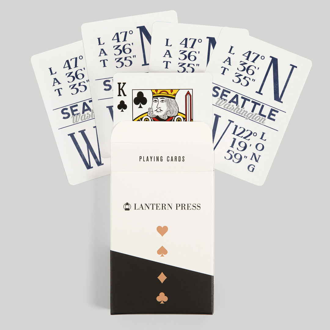 Playing Cards, Seattle, Washington, Latitude and Longitude (Blue), 52 Card Deck with Jokers in Box, Unique Art
