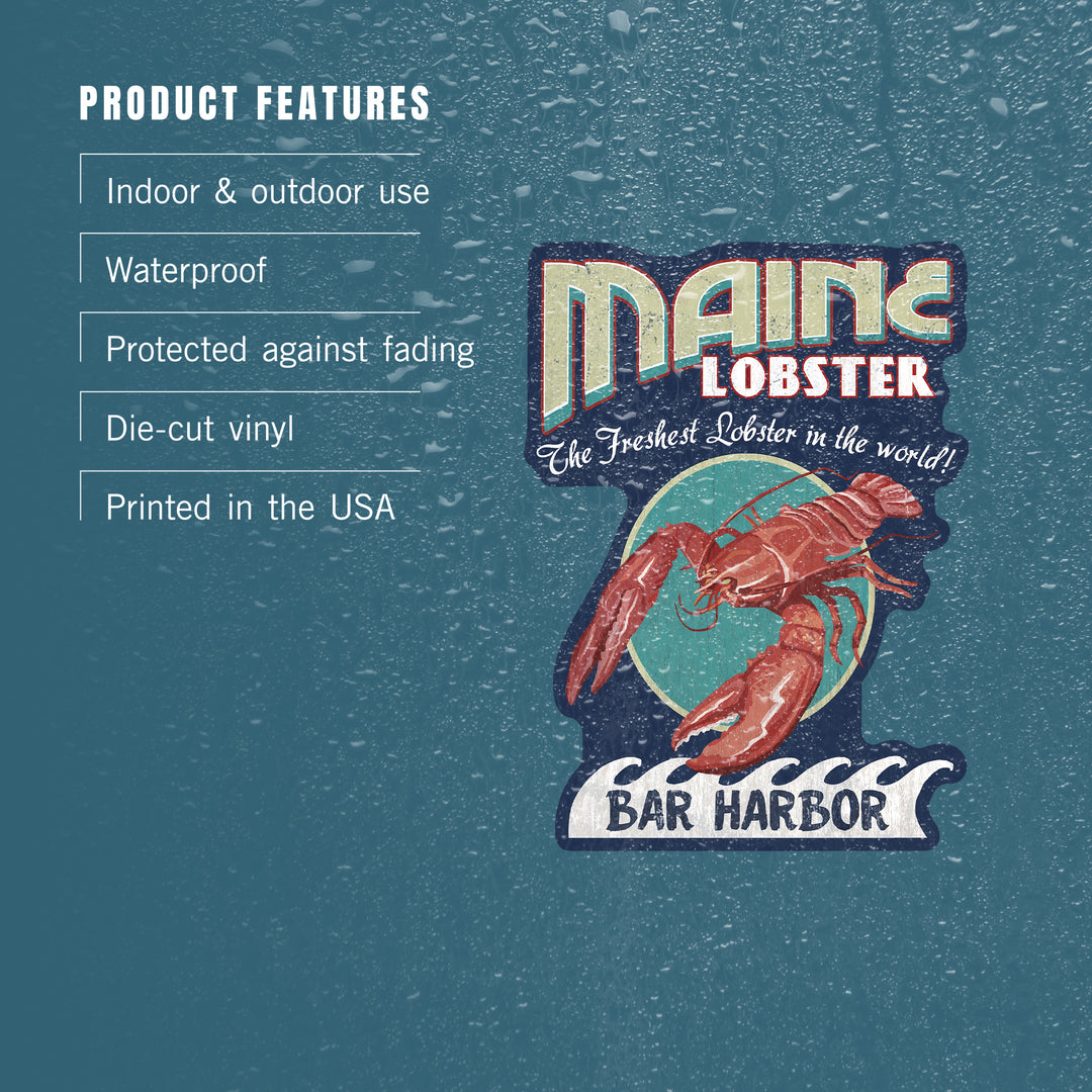 Bar Harbor, Maine, Lobster Vintage Sign, Contour, Lantern Press Artwork, Vinyl Sticker