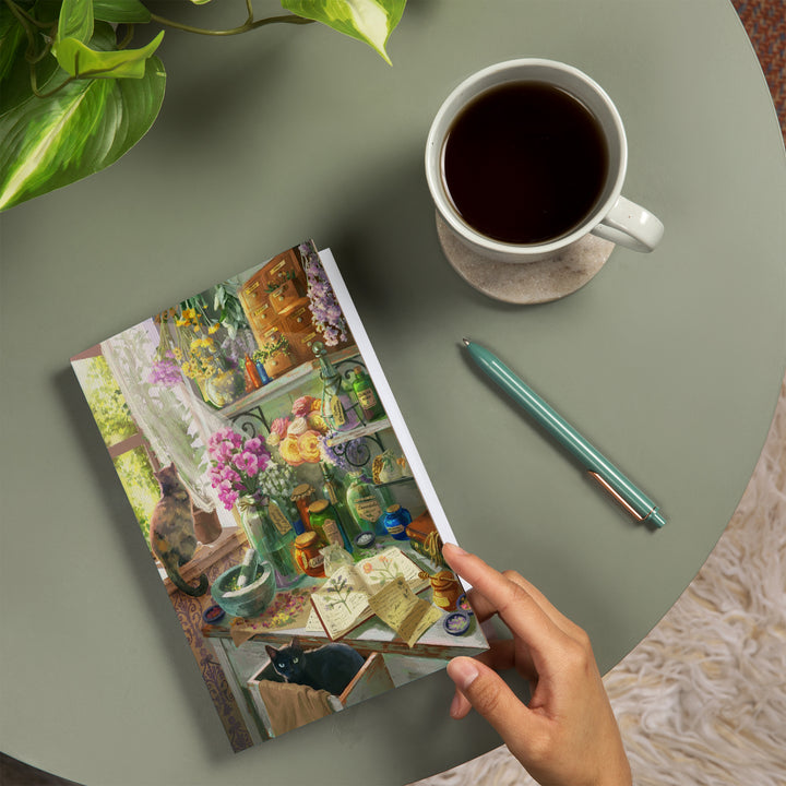 Lined 6x9 Journal, Garden Apothecary, With Cat, Oil Painting, Lay Flat, 193 Pages, FSC paper