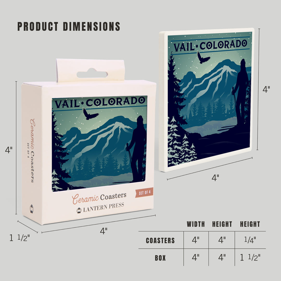 Vail, Colorado, Silhouette, Skier and Mountain, Coaster Set