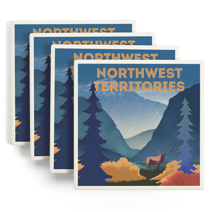 Northwest Territories, Lithograph, Elk and Mountains Scene ceramic coaster set