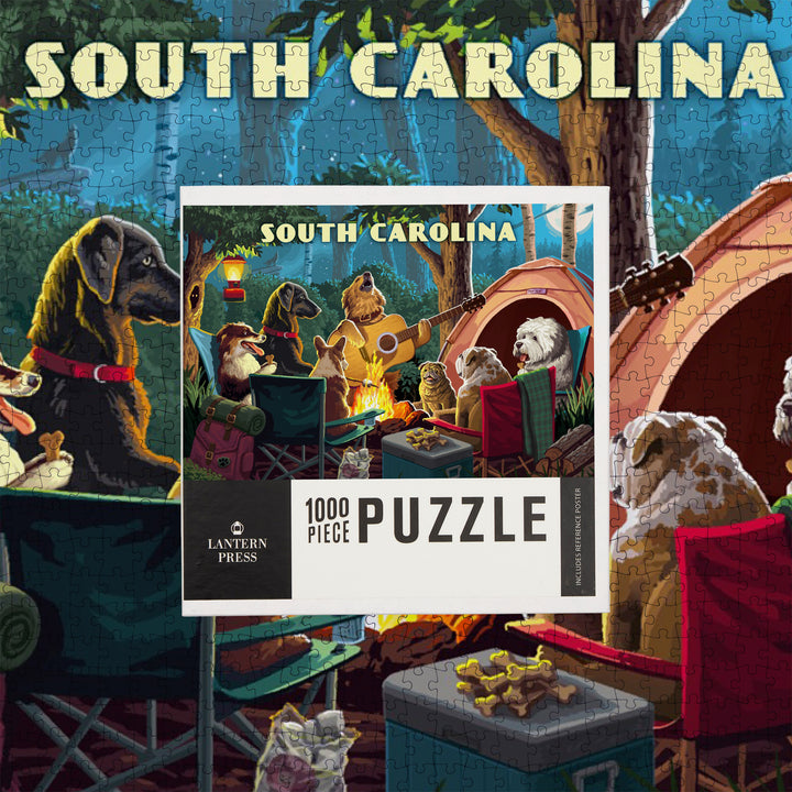 South Carolina, Painterly, Pack Life, Dogs Around Campfire, Jigsaw Puzzle