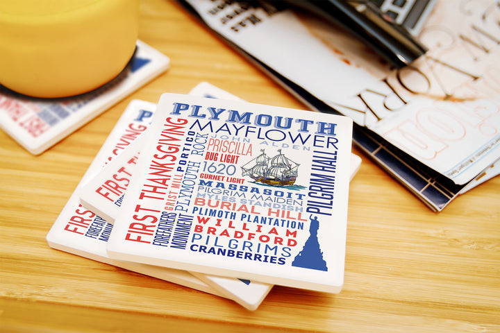 Plymouth, Massachusetts, Typography with Mayflower Icon, Coaster Set