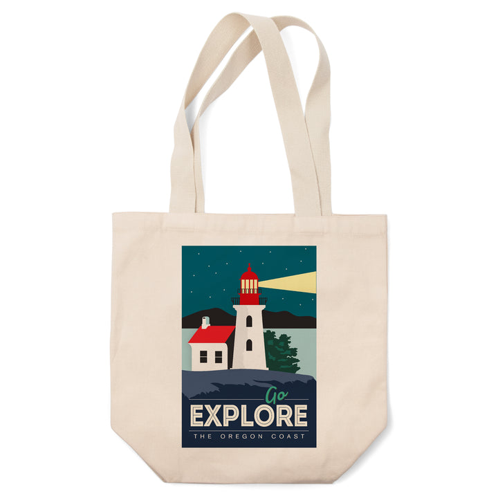 Oregon Coast, Go Explore (Lighthouse), Lantern Press Artwork, Tote Bag