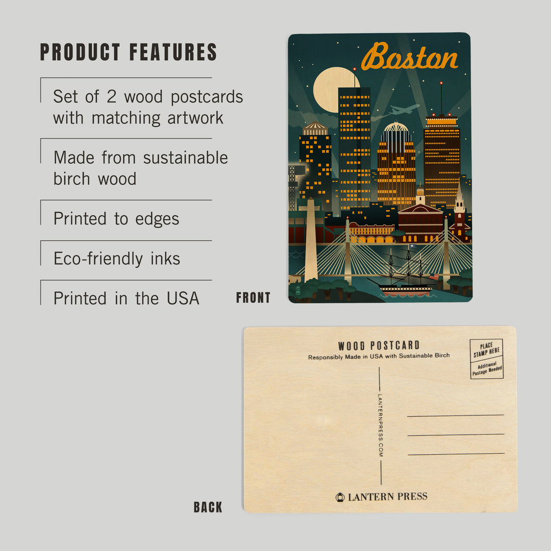 Boston, Massachusetts, Retro Skyline, Wood Sign and Postcards