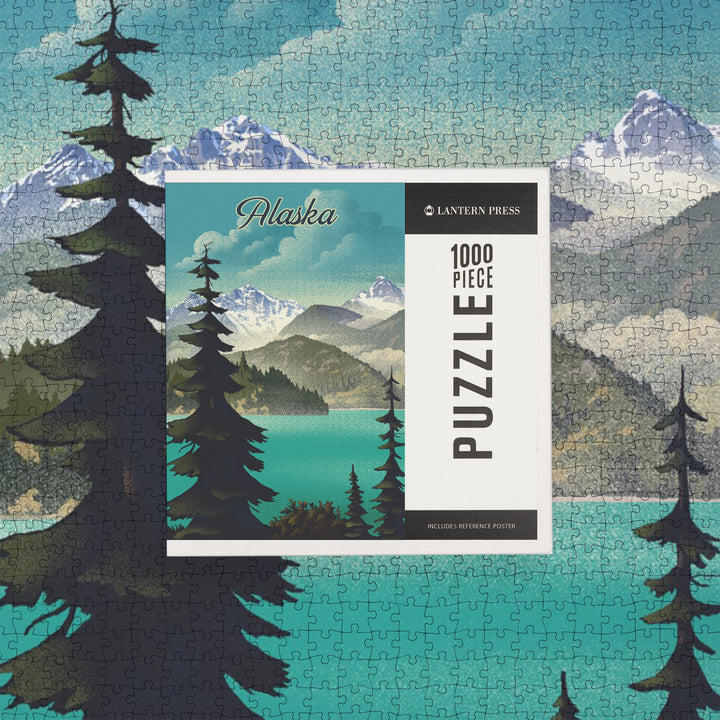Alaska, Lithograph, Lake and Mountain Scene, Jigsaw Puzzle