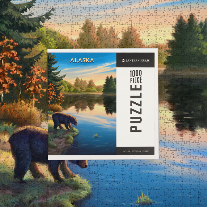 Alaska, Oil Painting, Bear By Lake At Sunrise, Jigsaw Puzzle
