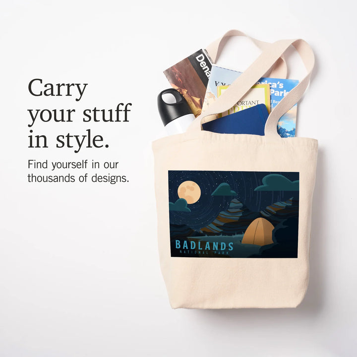 Badlands National Park, South Dakota, Sleep Under The Stars, Tent and Moon, Tote Bag