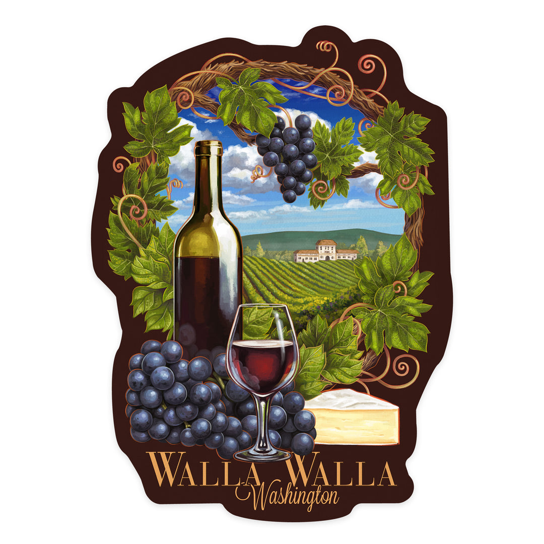 Walla Walla, Washington, Pinot Noir Vineyard Scene, Contour, Lantern Press Artwork, Vinyl Sticker