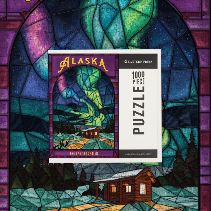 Alaska, Cabin And Northern Lights, Stained Glass, Jigsaw Puzzle