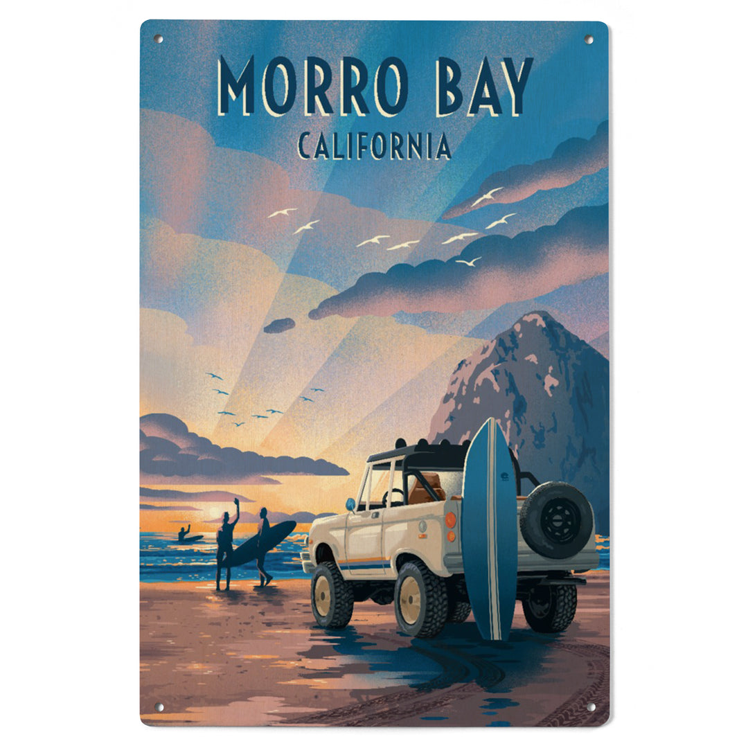 Morro Bay, California, Lithograph, Surfers on Beach, Wood Signs and Postcards