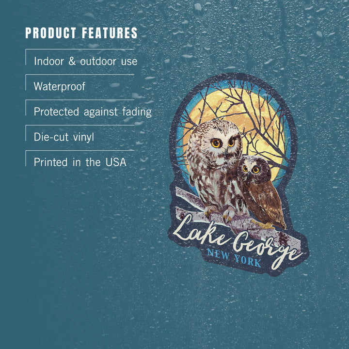 Lake George, New York, Owl and Owlet, Letterpress, Contour, Vinyl Sticker