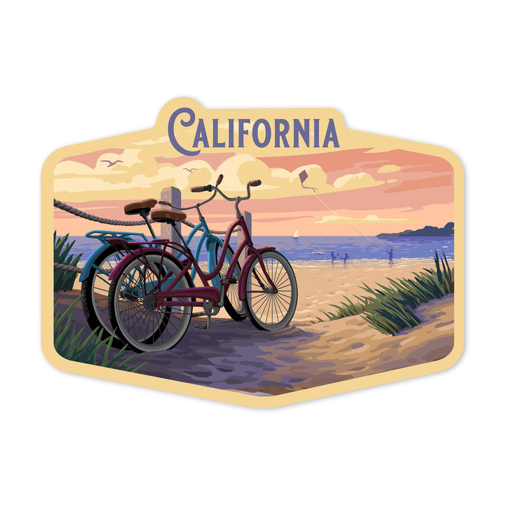 California, Painterly, The Beach Is Calling, Beach Bikes, Contour, Vinyl Sticker - Lantern Press