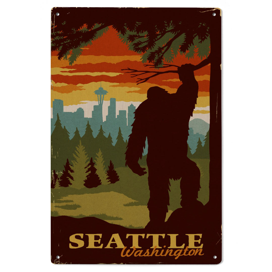 Seattle Skyline, Bigfoot, WPA Style, Lantern Press Artwork, Wood Signs and Postcards