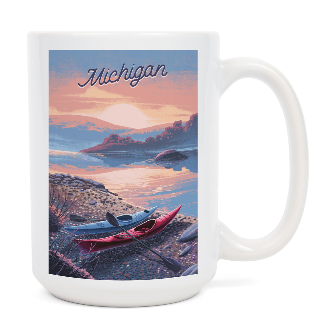 Michigan, Glassy Sunrise, Kayak, Ceramic Mug