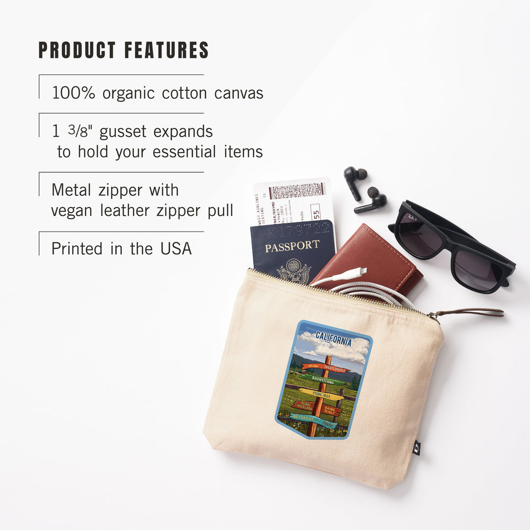 California, Signpost, Meadow,, Organic Cotton Zipper Pouch, Go Bag