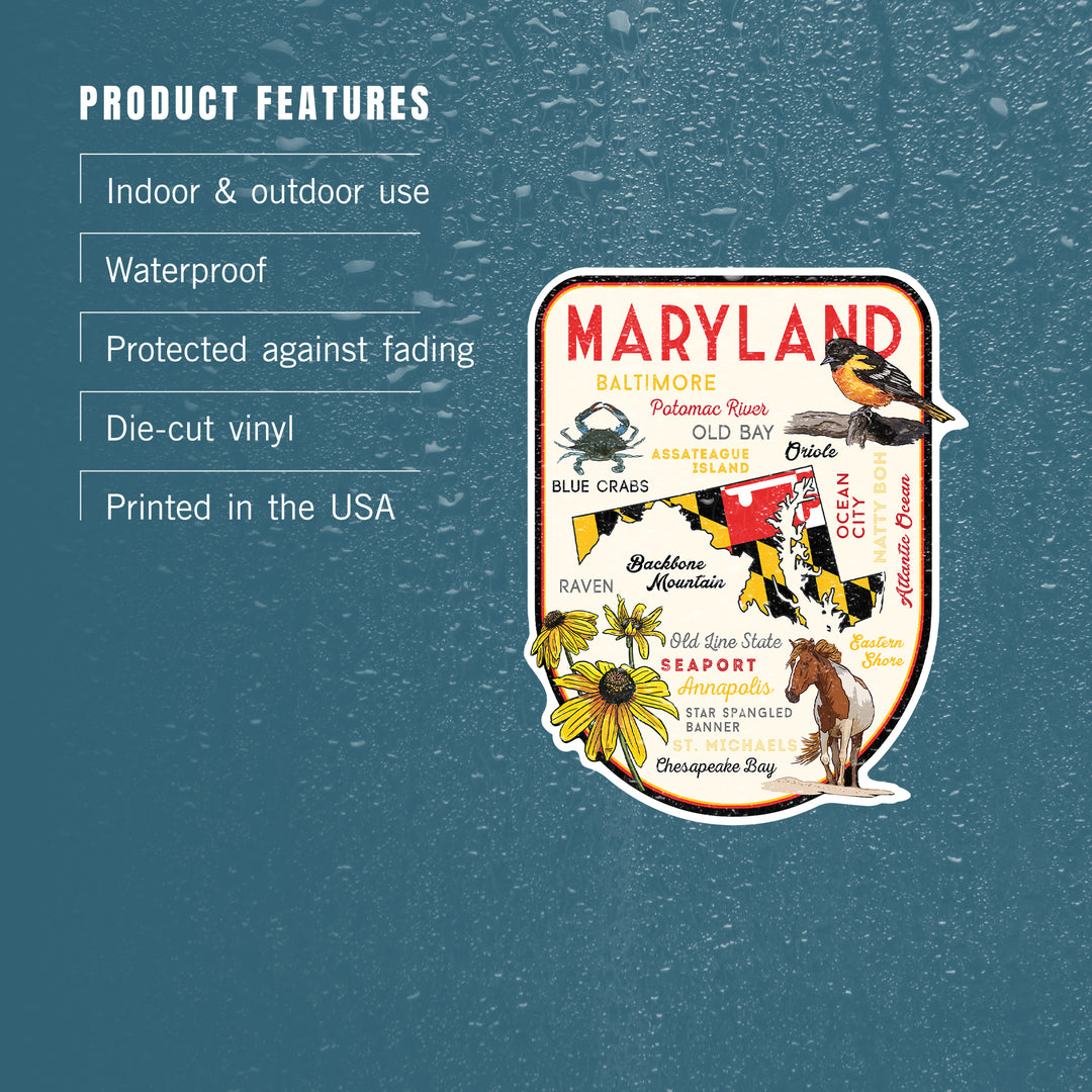 Maryland, Typography & Icons, Black-Eyed Susan, Contour, Lantern Press Artwork, Vinyl Sticker