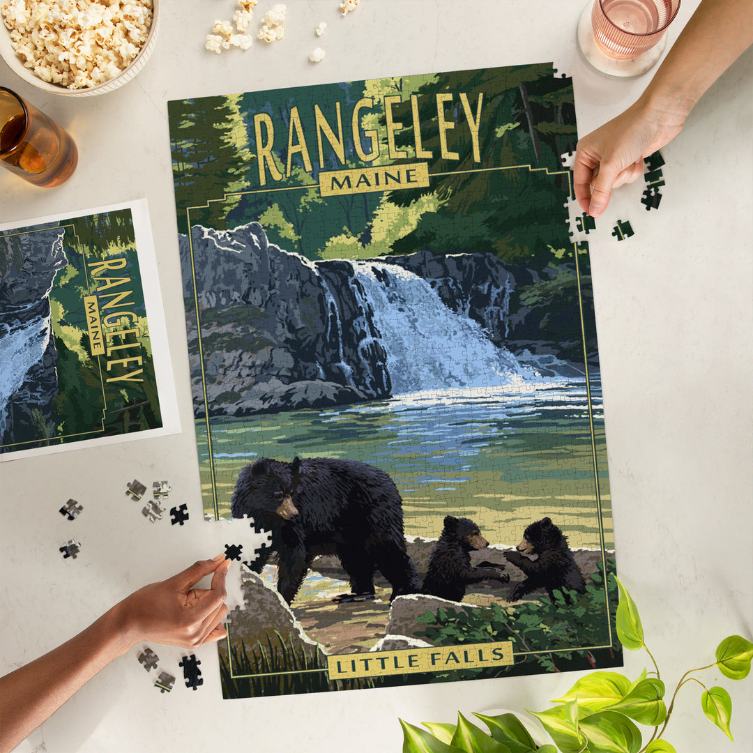 Rangeley, Maine, Painterly, Little Falls, Black Bear and Cubs, Jigsaw Puzzle