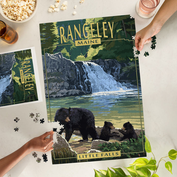 Rangeley, Maine, Painterly, Little Falls, Black Bear and Cubs, Jigsaw Puzzle