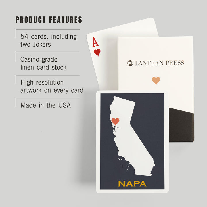 Playing Cards, Napa, California, Home State, White on Gray Outline, 52 Card Deck with Jokers in Box, Unique Art