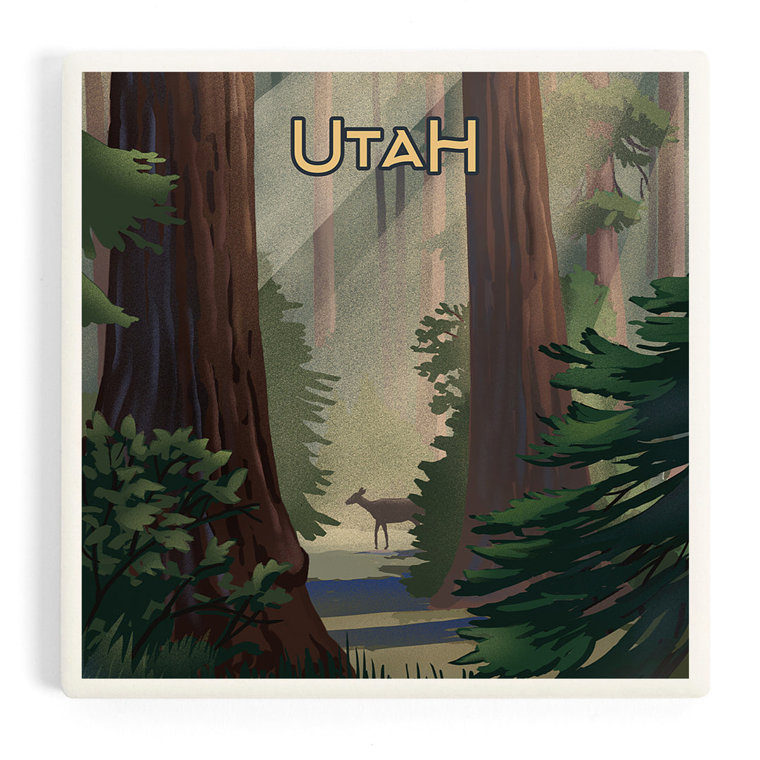 Utah, Lithograph, Deer in Forest, Coasters