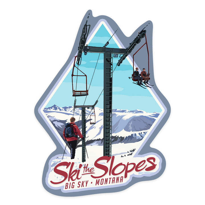 Big Sky, Montana, Ski the Slopes, Ski Lift Day Scene, Contour, Vinyl Sticker
