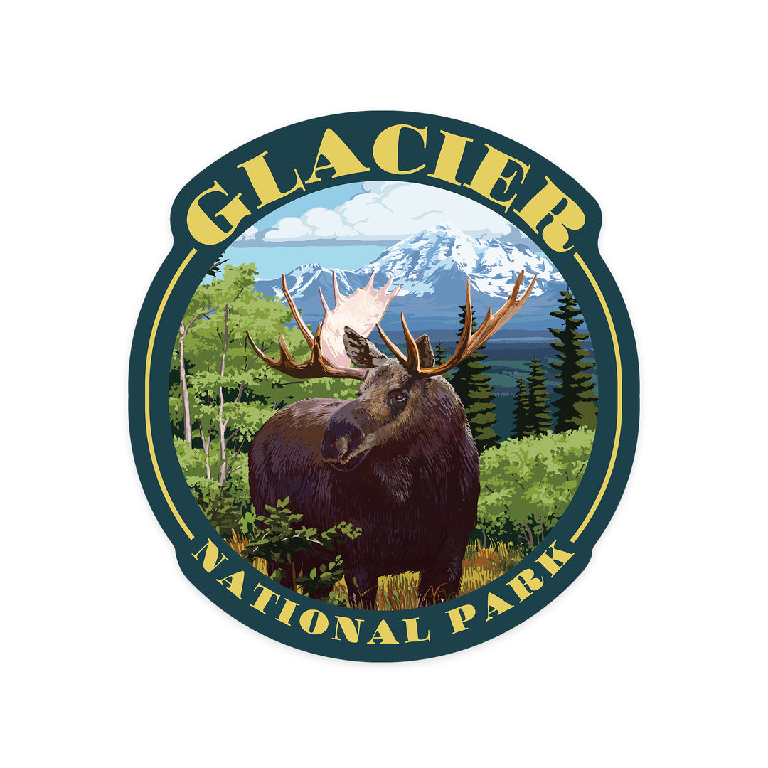 Glacier National Park, Montana, Moose & Mountain, Contour, Lantern Press Artwork, Vinyl Sticker