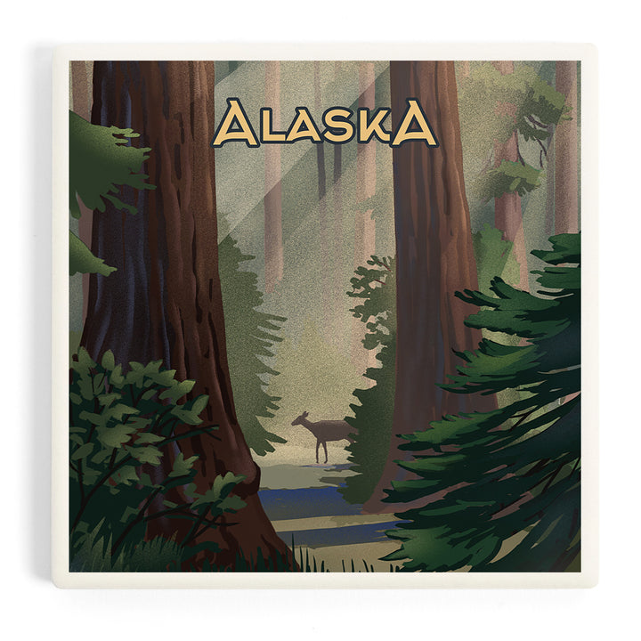 Alaska, Lithograph, Deer in Forest, Coasters