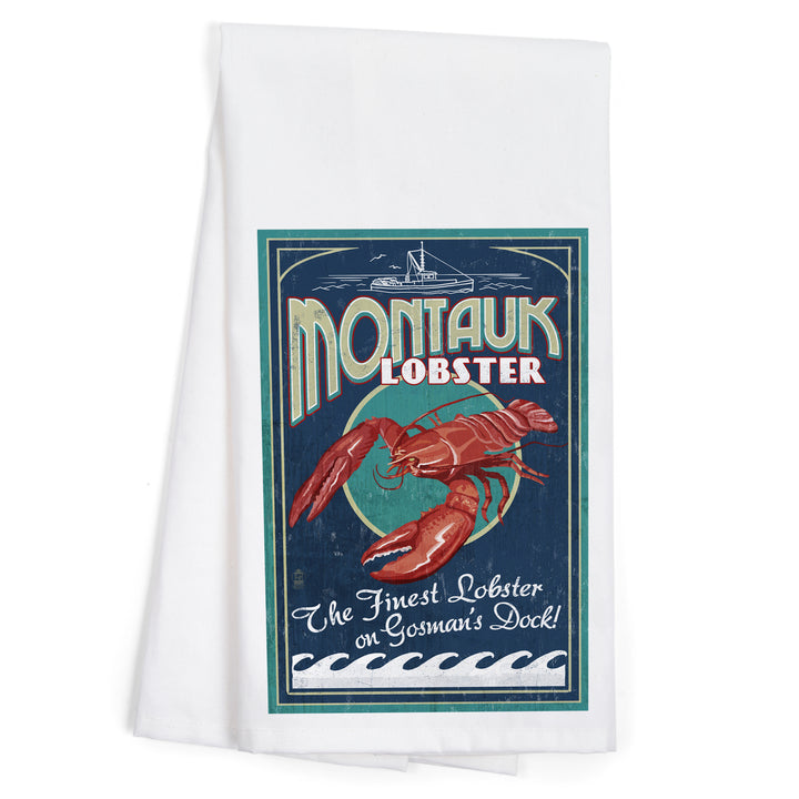 Montauk, New York, Lobster Vintage Sign, Organic Cotton Kitchen Tea Towels