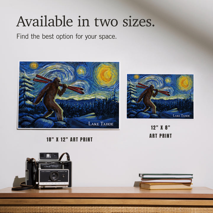 Lake Tahoe, California, Starry Night, Winter Bigfoot with Skis, Art & Giclee Prints