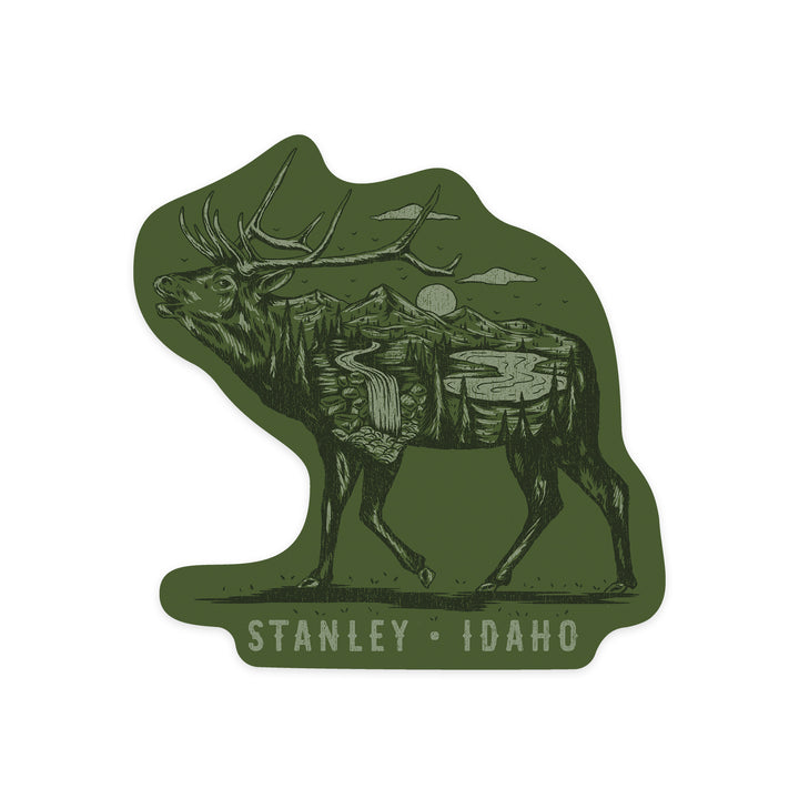 Stanley, Idaho, Elk and Mountain Scene, Contour Press, Vinyl Sticker