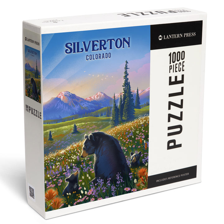 Silverton, Colorado, Lithograph, Bear Family in Field, Jigsaw Puzzle