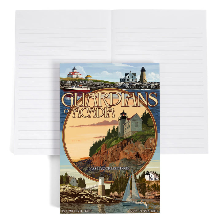 Lined 6x9 Journal, Acadia National Park, Maine, Guardians of Acadia Lighthouses, Lay Flat, 193 Pages, FSC paper
