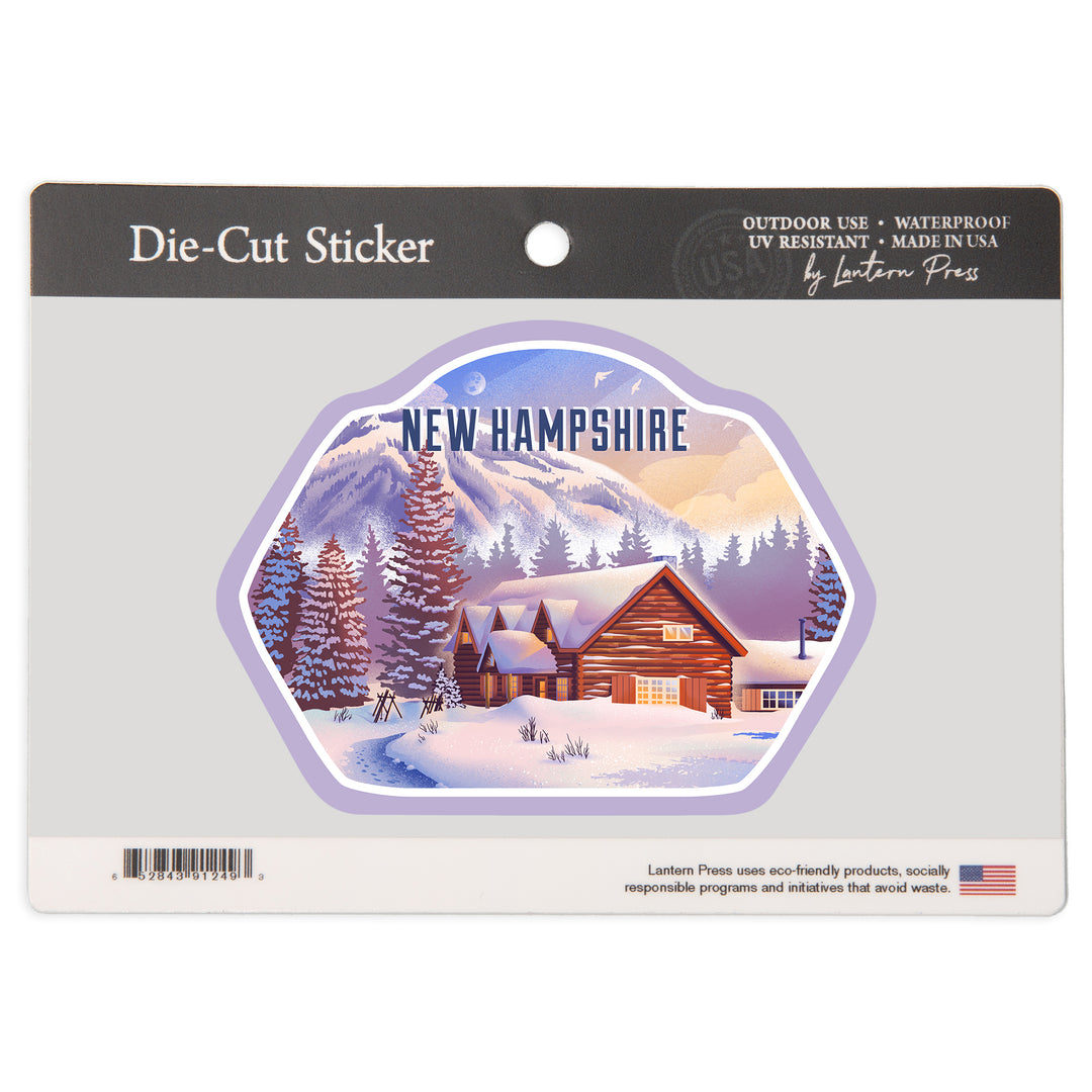 New Hampshire, Lithograph, Mountain Lodge, Winter Scene, Vinyl Sticker