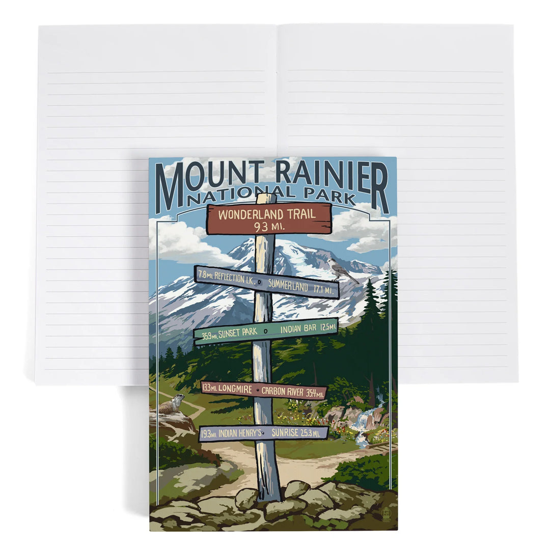 Lined 6x9 Journal, Mount Rainier National Park, Washington, Wonderland Trail Destination Sign Press, Lay Flat, 193 Pages, FSC paper