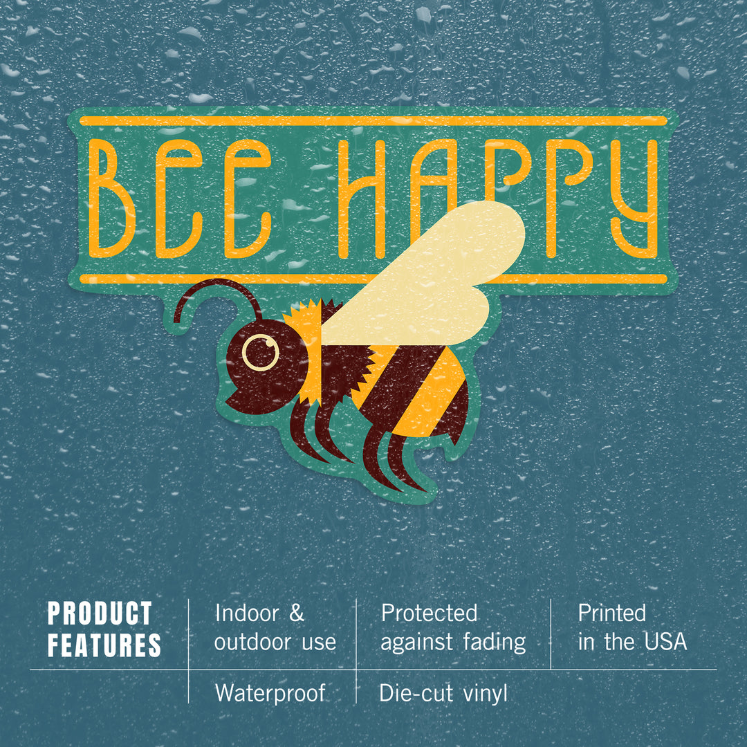 Bee Happy, Bee, Geometric, Contour, Lantern Press Artwork, Vinyl Sticker