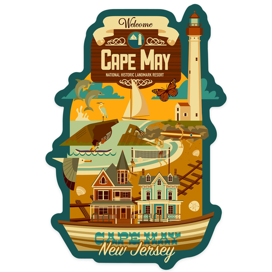 Cape May, New Jersey, Geometric, Blue Sky, Contour, Lantern Press Artwork, Vinyl Sticker