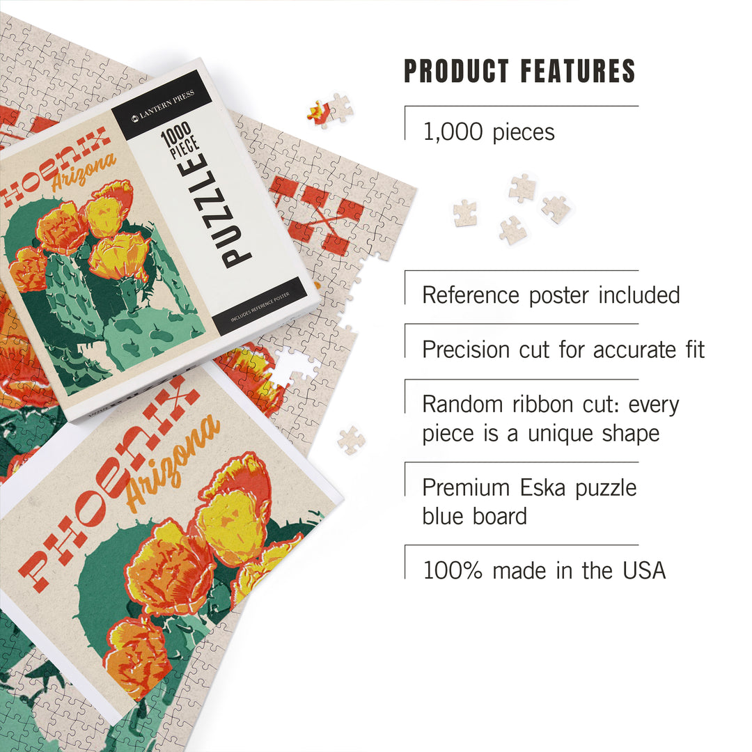 Phoenix, Arizona, Woodblock City Series, Cactus Blooms, 1000 Piece Jigsaw Puzzle