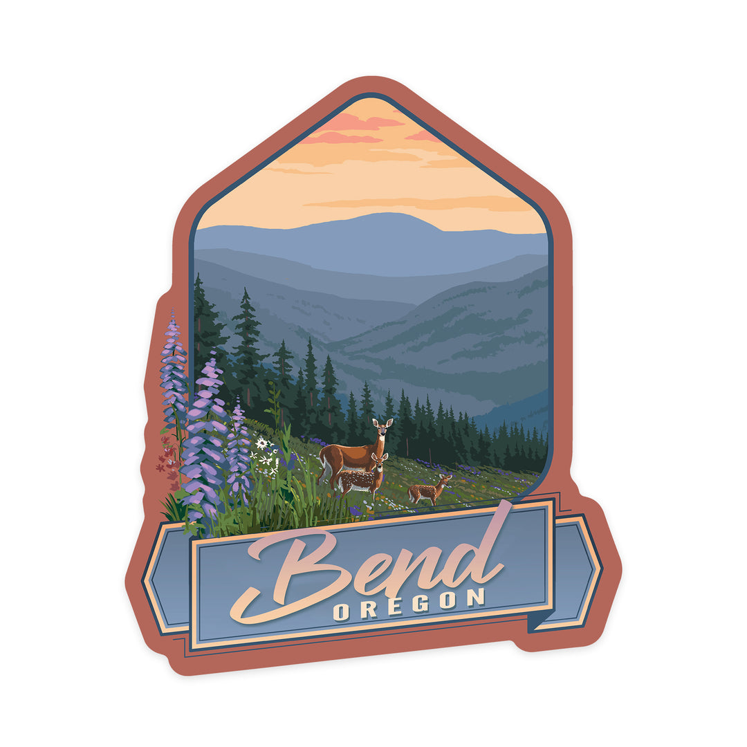 Bend, Oregon, Deer and Spring Flowers, Contour, Vinyl Sticker