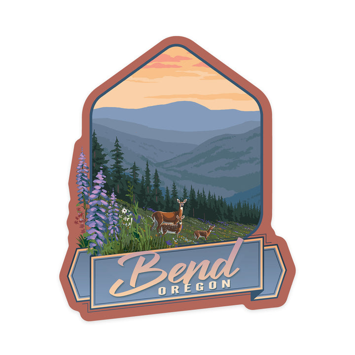Bend, Oregon, Deer and Spring Flowers, Contour, Vinyl Sticker