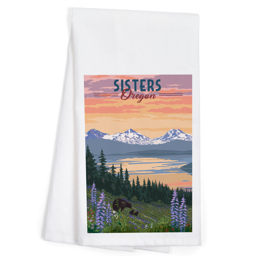 Sisters, Oregon, Bear and Spring Flowers, Organic Cotton Kitchen Tea Towels