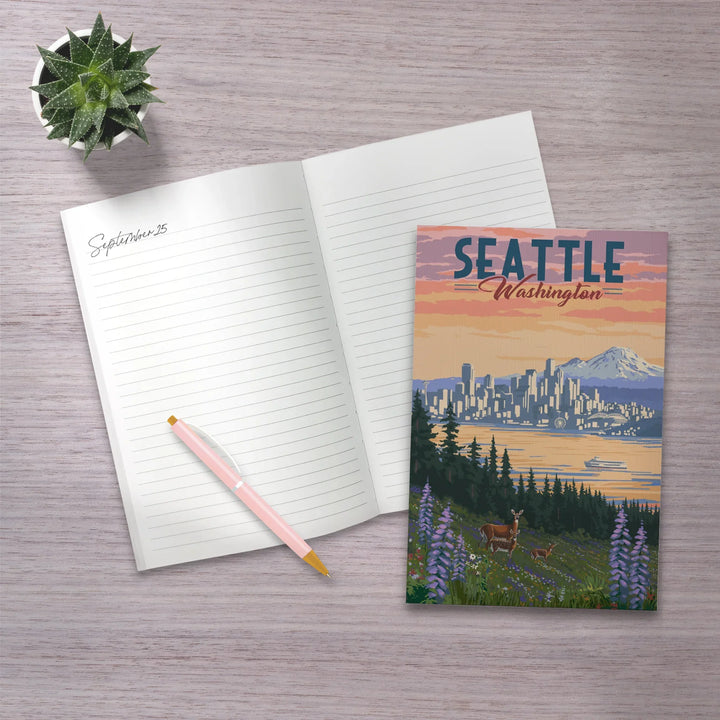 Lined 6x9 Journal, Seattle, Washington, Deer and Spring Flowers, Lay Flat, 193 Pages, FSC paper