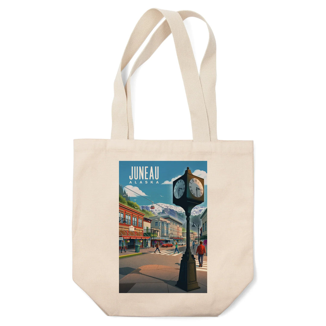 Juneau, Alaska, Lithograph, Main Street, Tote Bag