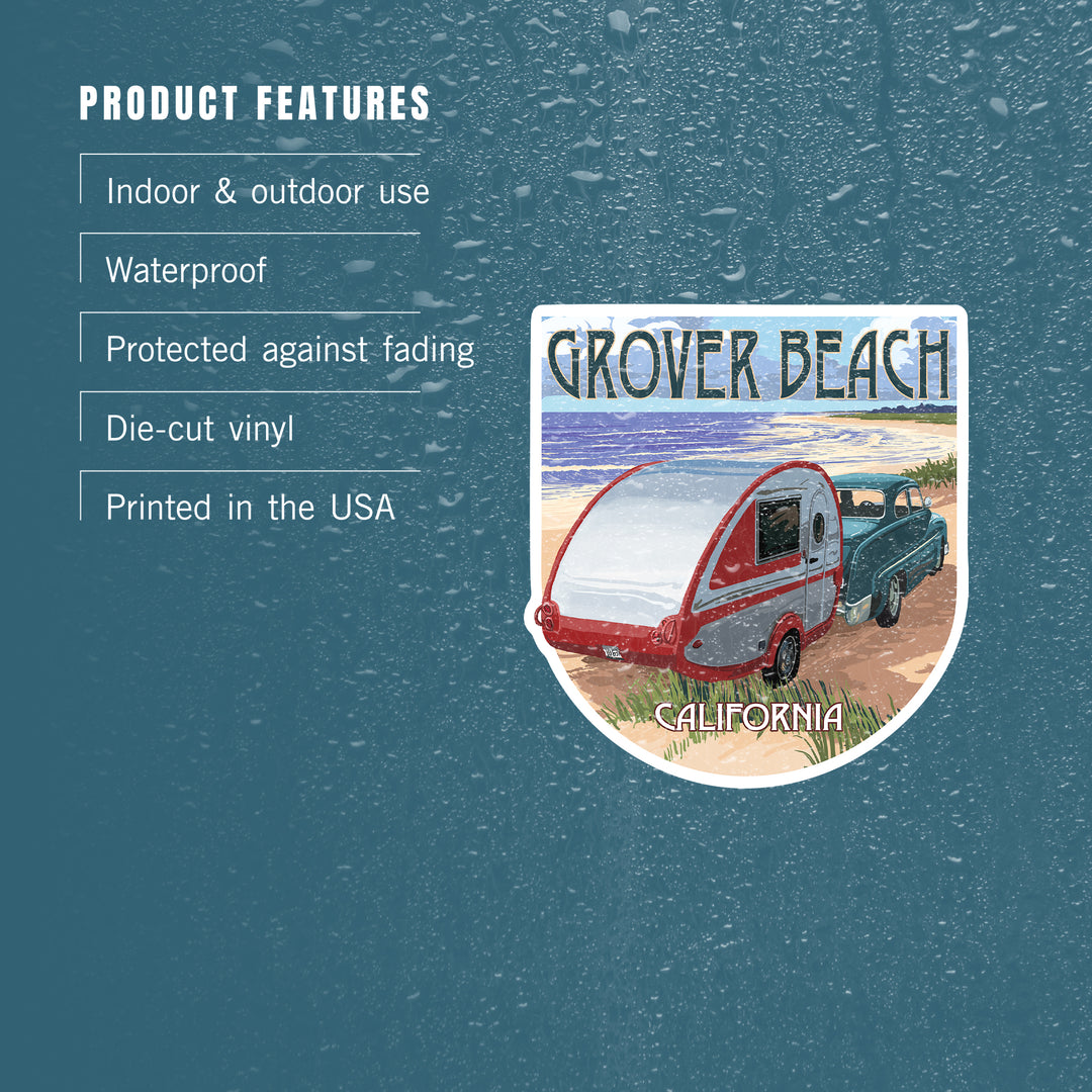 Grover Beach, California, Retro Camper on Beach, Contour, Vinyl Sticker