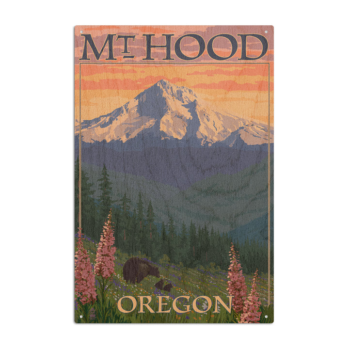 Mt. Hood, Oregon, Bear Family & Spring Flowers, Lantern Press Artwork, Wood Signs and Postcards